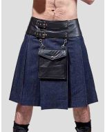 Royal Blue Denim Leather Kilt With Pouch