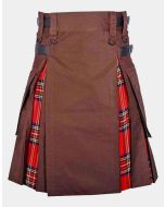 Brown Cotton With Royal Stewart Tartan Hybrid Kilt
