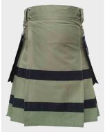 Olive Green Cotton Utility Kilt With Leather Straps
