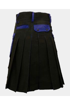 Black Deluxe Modern Kilt &amp; Blue Straps Style With Blue Cargo Pocket