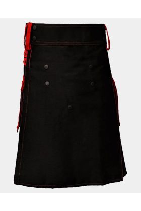 Black Deluxe Modern Kilt & Red Straps Style With Red Cargo Pocket