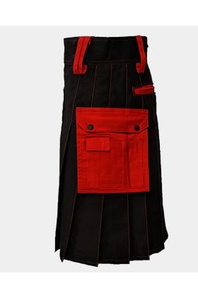 Black Deluxe Modern Kilt &amp; Red Straps Style With Red Cargo Pocket