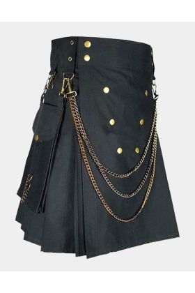 Black Fashion Utility Kilt With Silver Chains