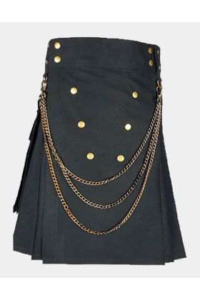 Black Fashion Utility Kilt With Silver Chains