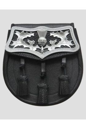 Black Leather Large Thistle Plate Sporran With Free Chain Belt
