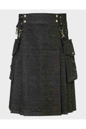Black Denim Kilt With Detectable Pocket
