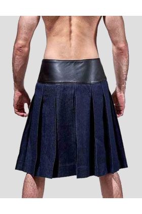 Royal Blue Denim Leather Kilt With Pouch
