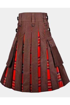 Brown Cotton With Royal Stewart Tartan Hybrid Kilt
