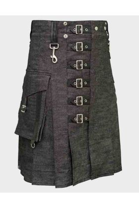 Heavy Black Denim Kilt With Straps