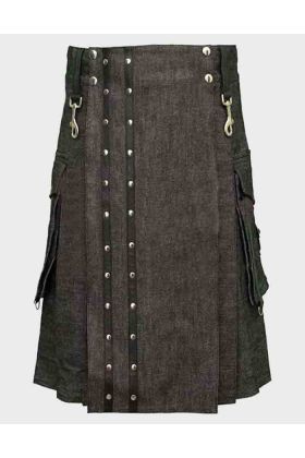 Heavy Black Denim Kilt With Straps