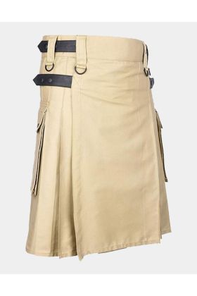 Khaki Cotton Utility Kilt with Genuine Leather Straps