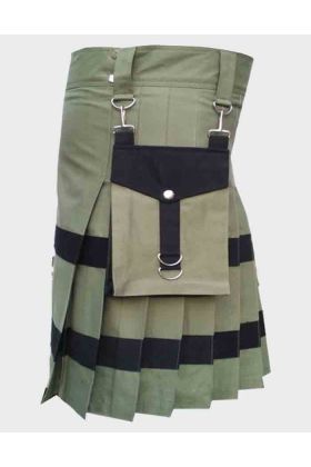 Olive Green Cotton Utility Kilt With Leather Straps