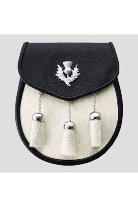 White Bovine Goat Fur 3 Tassel Leather Sporran