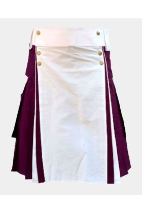 White and Burgundy Color Cotton Utility Kilt