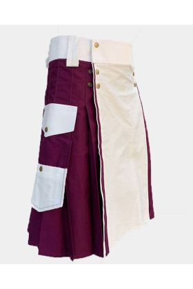 White and Burgundy Color Cotton Utility Kilt