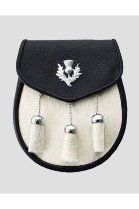 White Bovine Goat Fur 3 Tassel Leather Sporrans