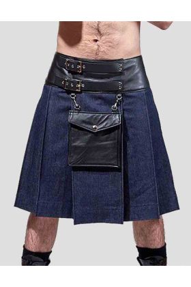 Royal Blue Denim Leather Kilt With Pouch