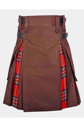 Brown Cotton With Royal Stewart Tartan Hybrid Kilt
