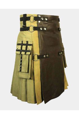 Khaki Fashion Tactical Hybrid Kilt With Front Leather 
