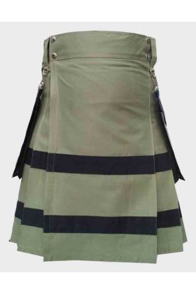 Olive Green Cotton Utility Kilt With Leather Straps